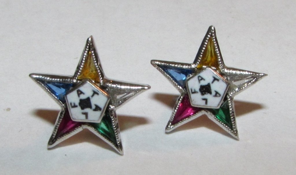 EASTERN STAR EARRINGS 14K WHITE GOLD MASONIC: ENAMEL WITH MULTICOLOR STONES. THEY MEASURE 12MM