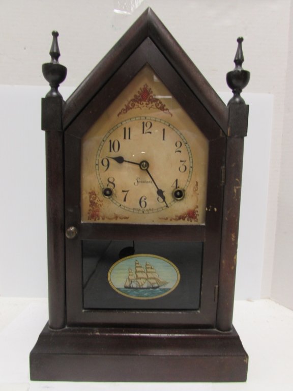 SESSIONS COPLEY 8 DAY MANTEL CLOCK STEEPLE: ANTIQUE SESSIONS "COPLEY" TIME & STRIKE MANTEL CLOCK. REVERSE PAINTED SAILING SHIP DESIGN. WALNUT CASE, BRASS MOVEMENT, 15 1/2" HIGH, 9 1/2"