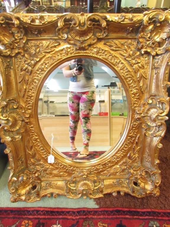 ORNATE MIRROR GOLD FRAME OVAL BEVELED GLASS: 228.56 OVAL MIRROR. 18" x 22", (38" x 32" FRAME)