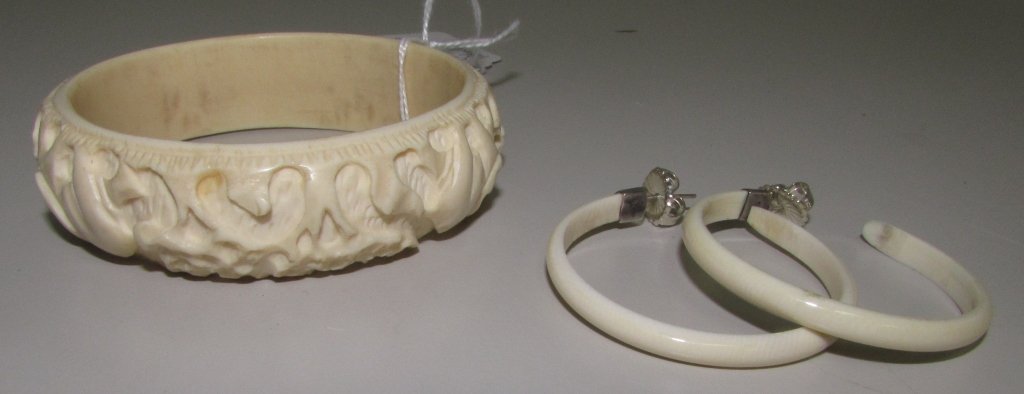 IVORY CARVED BANGLE & HOOP EARRINGS: 126.10 IVORY BANGLE FITS SIZE 5, SMALL WRIST. WITH STERLING SILVER & IVORY EARRINGS