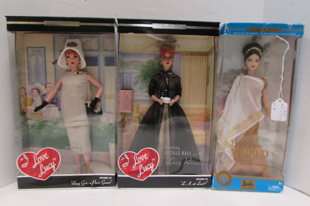 I LOVE LUCY BARBIE 3 DOLLS COLLECTIBLE NIB: 29.98 LUCILLE BALL (2) DOLLS "L.A. AT LAST", "LUCY GETS A PARIS GOWN", BARBIE DOLLS OF THE WORLD PRINCESS OF ANCIENT GREECE. ALL NEW IN BOX.