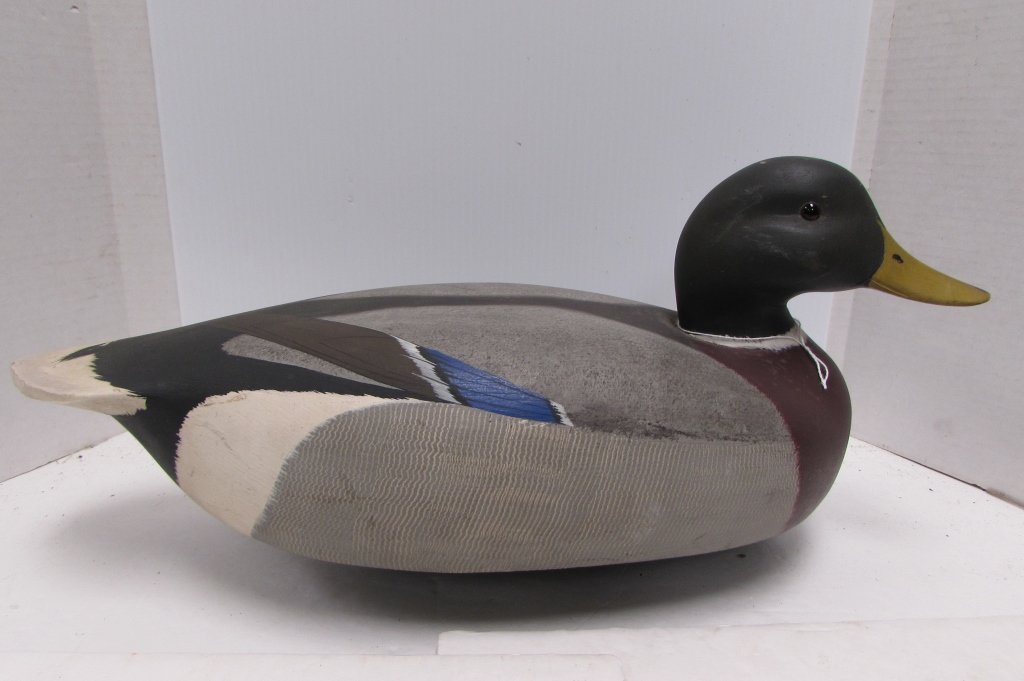 KEN HARRIS WOOD DUCK DECOY CARVED PAINTED: GLASS EYES, 18.25" x 7", HAND CARVED PAINTED DUCK DECOY BY KEN HARRIS. WOODVILLE NY.