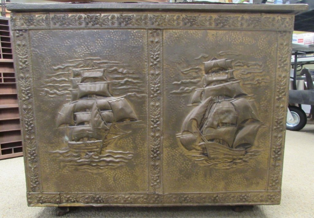 COPPER KINDLING WOOD CHEST BOX NAUTICAL SHIP: 253.1 EMBOSSED COPPER SHELL WOOD CHEST. NAUTICAL, HIGH RELIEF MOTIF. 23" TALL x 29" WIDE. HINGED DOOR. FOR COAL OR KINDLING