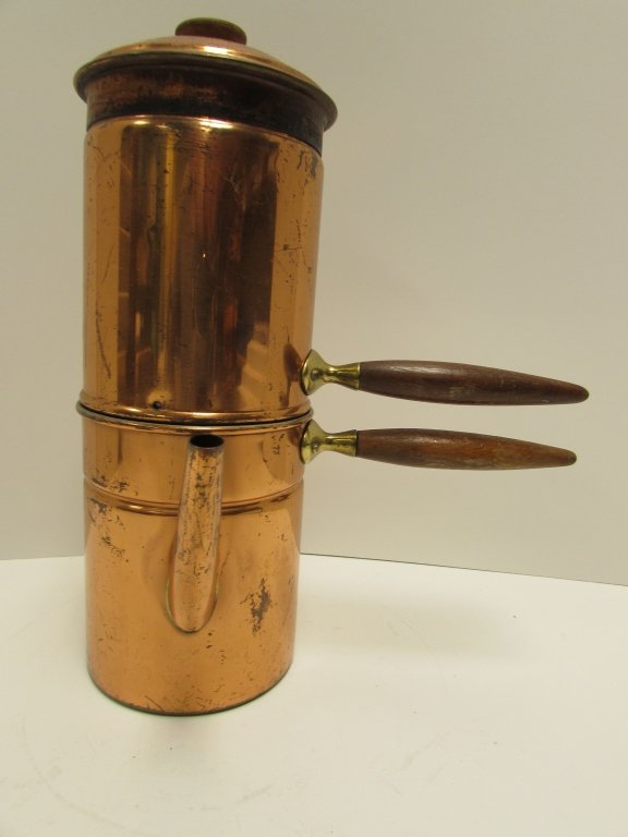 COPPER ESPRESSO MAKER TAGUS STOVETOP POT: COPPER, BRASS, WOOD FLIP STYLE STOVE TOP ESPRESSO COFFEE MAKER. MADE BY TAGUS. 10" TALL x 3.5" WIDE.