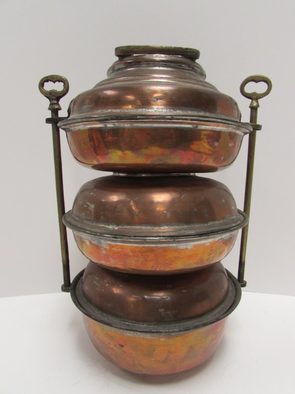 ASIAN BRASS & COPPER FOOD WARMER 3 COMPARTMENT: ANTIQUE 3 TIER INDIA COPPER & BRASS FOOD WARMER. 12" TALL (STACKED), 7" WIDE. 3 COMPARTMENT STACKABLE TIFFIN DABBA RANTANG CARRIER