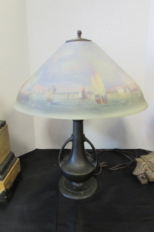 PAIRPOINT REVERSE PAINTED LAMP BRONZE GLASS ART: ARTIST SIGNED "W. MACY" PAIRPOINT OIL REVERSE PAINTED GLASS LAMP SHADE ON BRONZE LAMP BASE. 23" TALL x 17.75" WIDE. DEPICTING SAILBOAT SCENE.