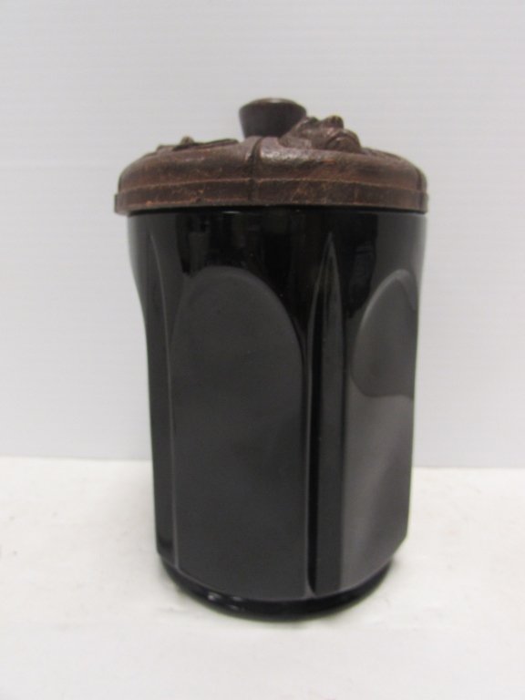 HUMIDOR WOOD & GLASS DOG MOTIF TOBACCO JAR: ANTIQUE BLACK GLASS HUMIDOR w WOOD LID. 6" TALL x 4" WIDE. 1900's