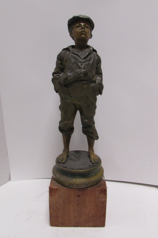 BRONZE PATINATED STATUE LE SIFFLEUR WHISTLER BOY: SPELTER STATUE "WHISTLER" LE SIFFLEUR ON WOOD BASE. 21" TALL x 5.5" WIDE.