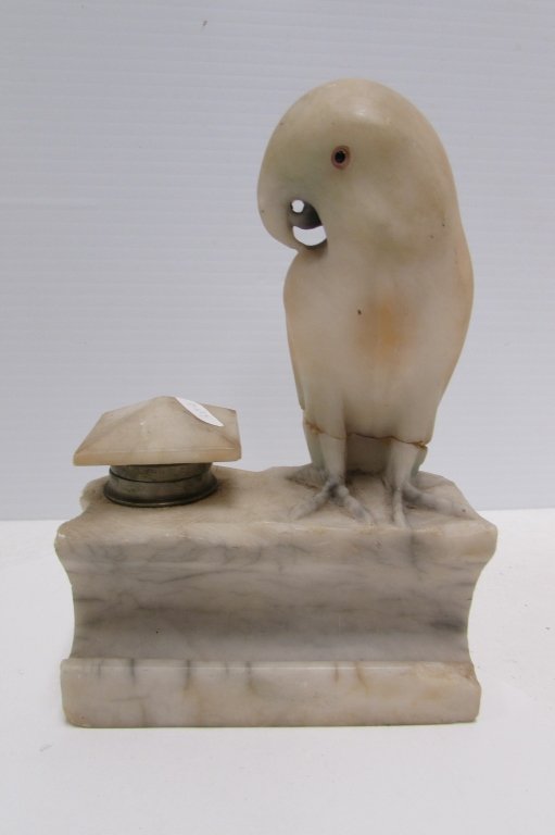 C1800 WHITE MARBLE BIRD PARROT INKWELL: ANTIQUE CARVED MARBLE ALABASTER PARROT INK WELL & PEN HOLDER DESK SET 7" x 4.75". HAS BEEN REPAIRED.