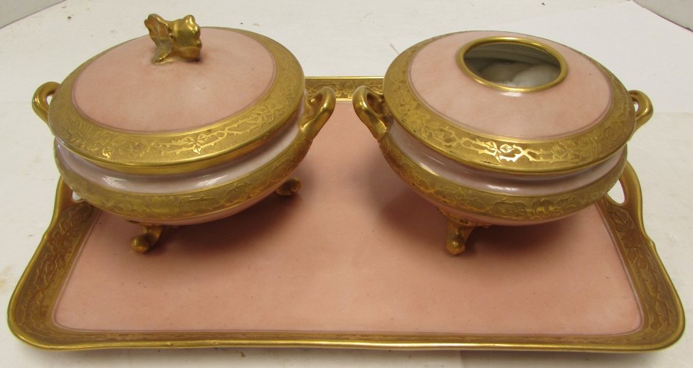 LIMOGES FRANCE GOA CERAMIC VANITY SET: LIMOGES GOA CERAMIC VANITY SET. GOLD ENCRUSTED. TRAY 12" x 8", COVERED POWDER JAR & HAIR RECEIVER CONTAINERS w/ LID - 5" DIAMETER.