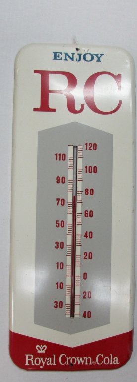 ENJOY RC ROYAL CROWN COLA THERMOMETER TIN SIGN: 227.54 ADVERTISEMENT SIGN MEASURES 26" LONG X 9" WIDE. ADVERTISING AD