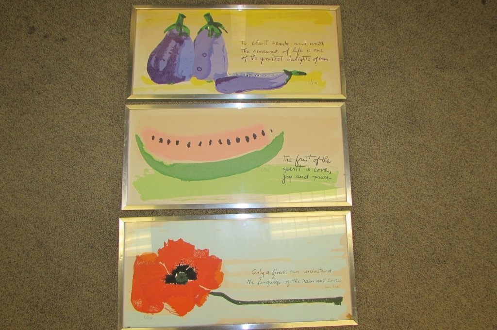 3 VERA NEUMANN SIGNED WATERCOLOR PAINTINGS ART: 244.8 SIGNED "VERA" NEUMANN SIGNED WATER COLOR PAINTINGS (3). EACH 23.5" x 10.5" (VIEW), 25" x 12" (FRAME).