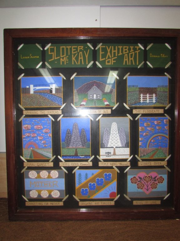 LOGAN SLOTER DONALD MCKAY FOLK ART PICTURE EXHIBIT ART: 4.0 TEN SIGNED ORIGINAL PAINTING COLLAGE FRAMED EXHIBIT OF ART. 29" x 27" (VIEW), 32" x 30" (FRAME).
