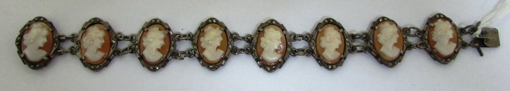 STERLING SILVER CARVED CAMEO BRACELET MARCASITE: VINTAGE ESTATE MARKED "800" STERLING SILVER. MEASURES 6-1/2" LONG. WEIGHS 13.8 GRAMS