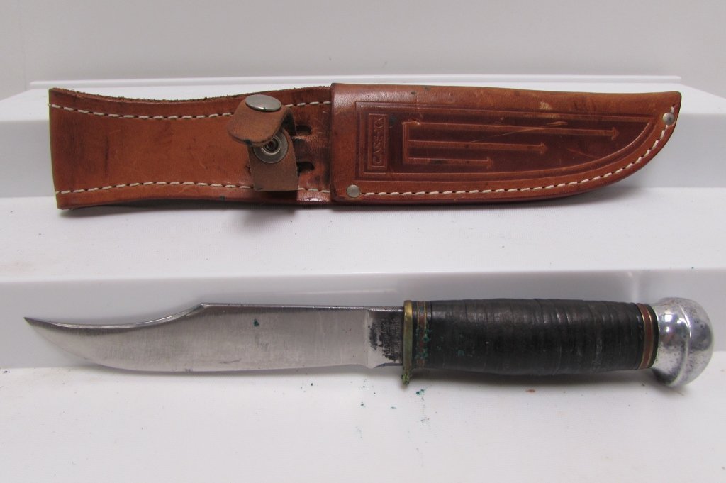 MARBLES HUNTING KNIFE IDEAL & LEATHER SHEATH: 249.30 PRE-WAR MARBLES IDEAL KNIFE & CASE XX LEATHER SHEATH. KNIFE 8.5" LONG, 4.5" BLADE. ALUMINUM POMMEL, LEATHER HANDLE.