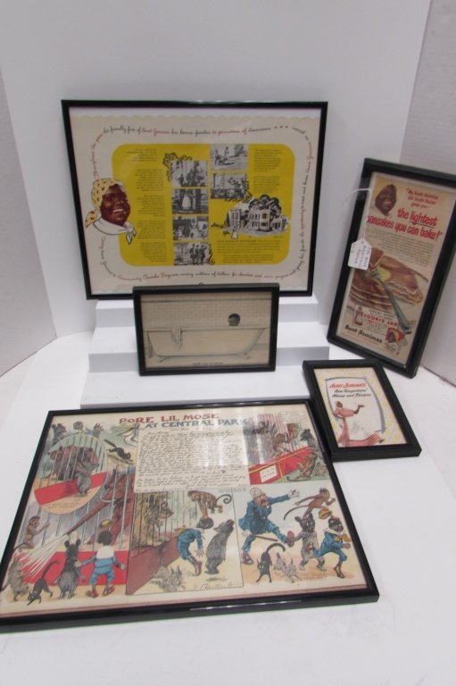 BLACK AMERICANA EPHEMERA AUNT JEMIMA FRAMED: 217.12 BLACK AMERICANA ADS, EPHEMERA. AUNT JEMIMA, 5 pc. 6 3/4" x 4 3/4" - 14.5" x 11.25".