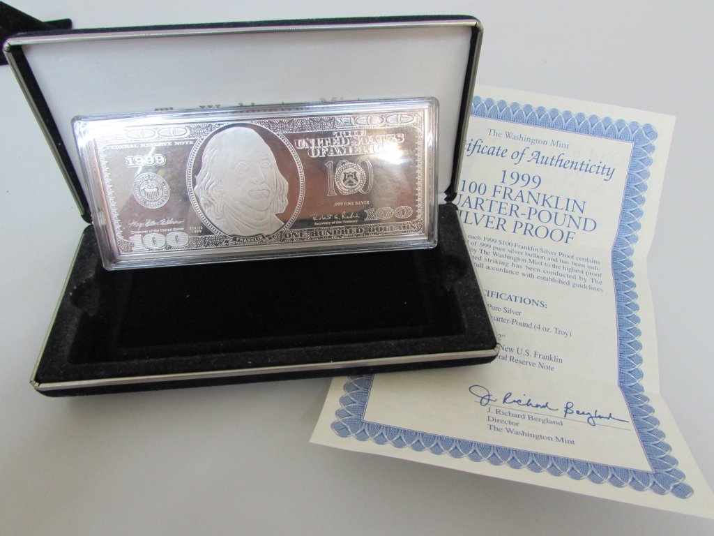 1999 QUARTER POUND .999 FINE SILVER PROOF $100 BAR: THE WASHINGTON MINT WITH COA & BOX