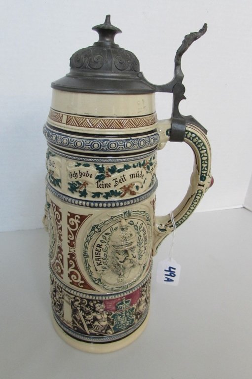 GERMAN LIDDED BEER STEIN EMPEROR 2L: MEASURES 14" TALL. HOLDS 2 LITERS. DEPICTS GERMAN EMPERORS KAISER FRIEDRICH III, KAISER WILHELM II & KAISER WILHELM I.