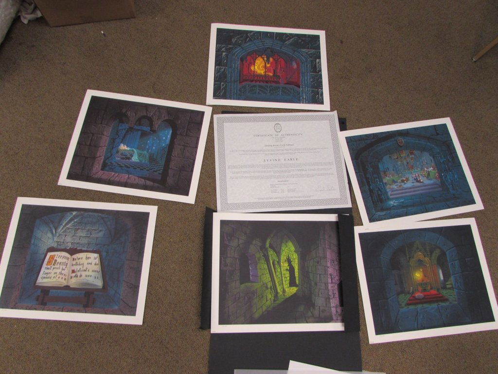 6 DISNEY SLEEPING BEAUTY EYVIND EARLE GICLEE PRINTS: 6 PC DISNEY SUITE SLEEPING BEAUTY CASTLE TABLEAUS & COA. EACH 18" x 14" (VIEW). NUMBERED, & WATERMARK MONOGRAM STAMP.
