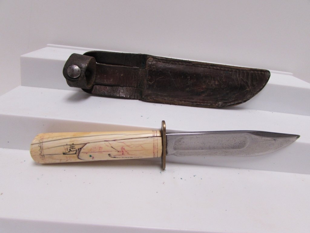 MARBLES KNIFE IVORY HANDLE LEATHER SHEATH