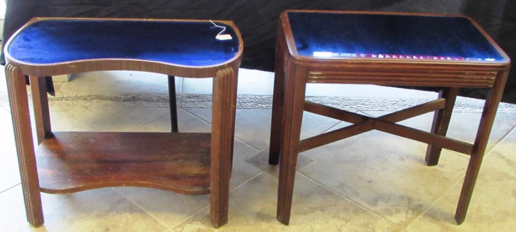 2 BLUE MIRRORED TOP TABLES WOODEN SIDE: 216.6 MEASURE 24" X 23" & 25-1/2" X 21"