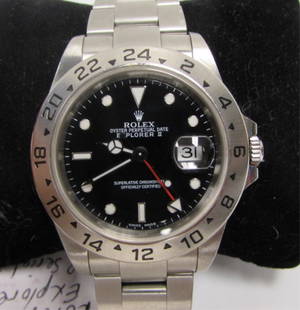 ROLEX EXPLORER II WATCH P SERIAL 2001 MOD 16570: ROLEX EXPLORER 2 AUTOMATIC SWISS MADE WRISTWATCH. STAINLESS STEEL, 40mm w/o CROWN, FITS STANDARD 8" WRIST. REMOVABLE LINKS.