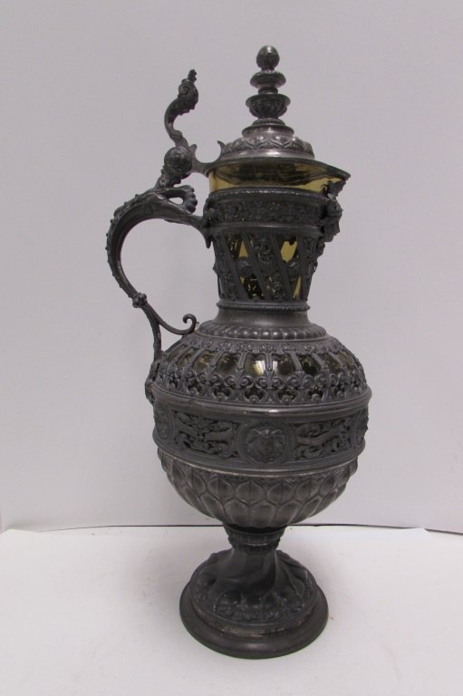 1886 STEIN METAL & GLASS PITCHER TANKARD ANNIVERSARY: GENUINE GERMAN ANTIQUE 18" EWER MARKED ""ZUR FREUNDLICHEN ERINNERUNG AN WILLIAM TELL UND SEINEN BESITZEN BERLIN DEN 10 JUNI. 1886". "THE FRIENDLY REMINDER TO WILLIAM TELL AND HIS OWN BERLIN THE 10 JUN