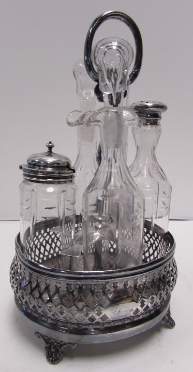 1861 PHILIP ASHBERRY & SONS CRUET CONDIMENT SET: ANTIQUE ENGLISH SILVERPLATE. 1861. HALLMARKED "PA & SS" "GD WHEREAT" "DOLPHIN ST BRISTOL" SILVER CADDY MEASURES 11" TALL X 8" WIDE