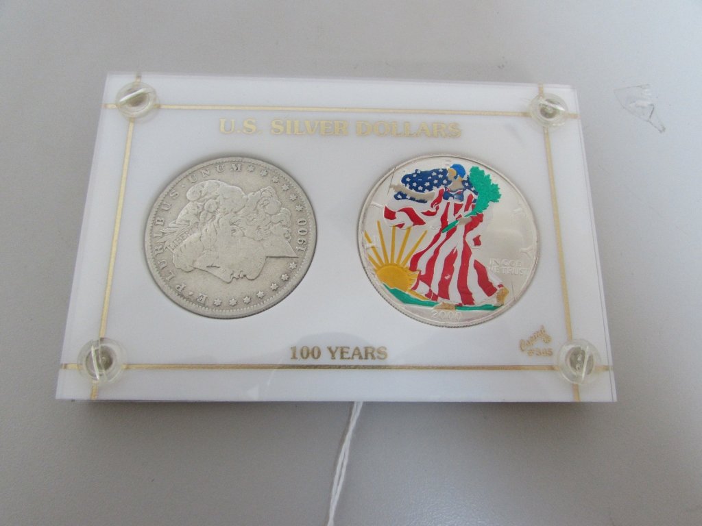 2 COINS US SILVER DOLLARS 100 YEARS 1900 2000: 1900 MORGAN SILVER DOLLAR & 2000 COLORIZED WALKING LIBERTY IN CASE