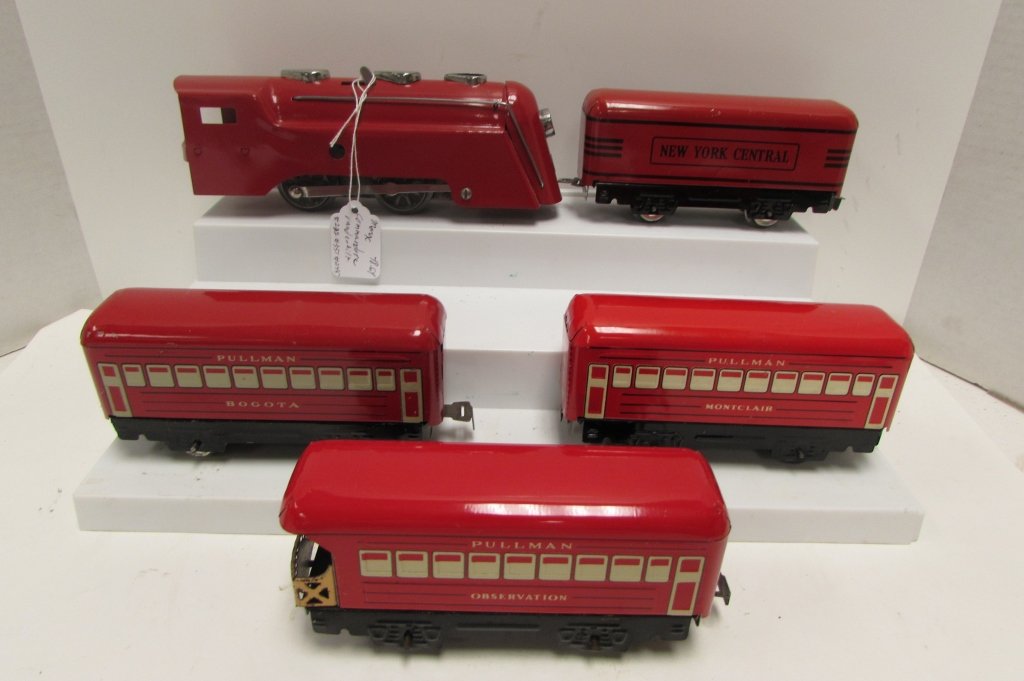 MARX COMMODORE VANDERBILT 232 WIND TENDER CARS KEY: 48.64 MARX COMMODORE VANDERBILT #232, WIND UP w/ KEY, RED RARE, #551 NYC TENDER, RED w/ BOOGTA COACH RED, #246 MONTCLAIR COACH RED & #201 OBSERVATION COACH RED PASSENGER SET, 1936 C-7-8 (NOTE #201 FAD