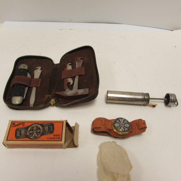 MARBLES COMPASS BOYSCOUT MATCH CASE UTICA KNIFE: 249.70 BOY SCOUT LOT WRIST COMPASS BY MARBLES, "UNBREAKABLE CRYSTAL" FLOATING DIAL; TIN MATCHSTICK HOLDER, UTICA KNIFE KIT IN LEATHER CASE.