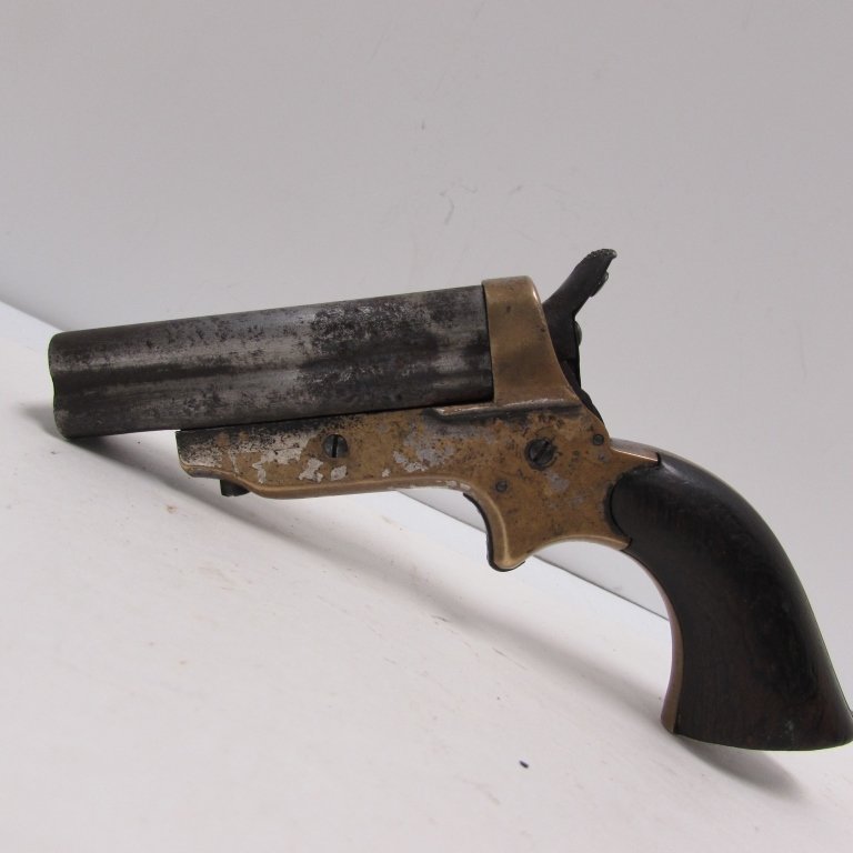SHARPS 30 CAL MOD 1A DERRINGER PEPPERBOX PISTOL: 118.168 C. SHARPS MODEL 1A 4 BARREL 30 CALIBER DERRINGER HAND GUN. RIVERBOAT GAMBLER, WOOD GRIPS, 3" BARRELS. NEEDS SOME WORK. (2745)