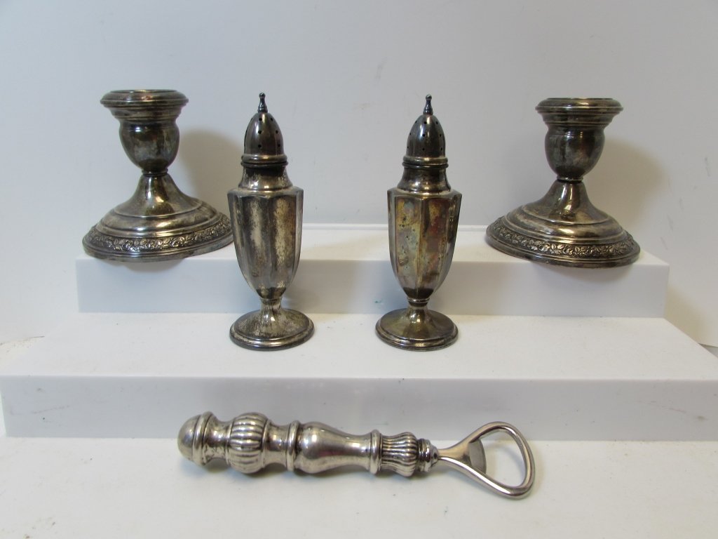 5PC STERLING SILVER CANDLE HOLDERS SHAKERS: 5 PIECES: SALT & PEPPER SHAKERS, WALLACE CANDLE STICK HOLDERS, & BOTTLE OPENER. 3.5" - 6" TALL. OPENER HAS STAINLESS HEAD.