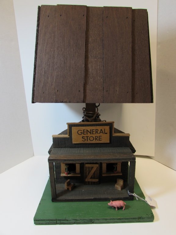 WOOD FOLK ART LAMP PIG GENERAL STORE TRAMP ART: 234.30 HANDMADE WOOD LIGHT. 20.5" TALL x 12" WIDE.