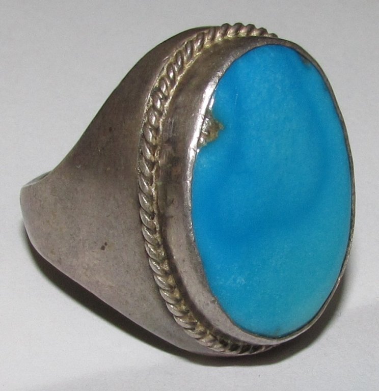 ANTIQUE TURQUOISE SAND CAST RING STERLING SILVER: SIZE 10.5 WEIGHS 30.4 GRAMS. MEASURES 23MM X 17MM