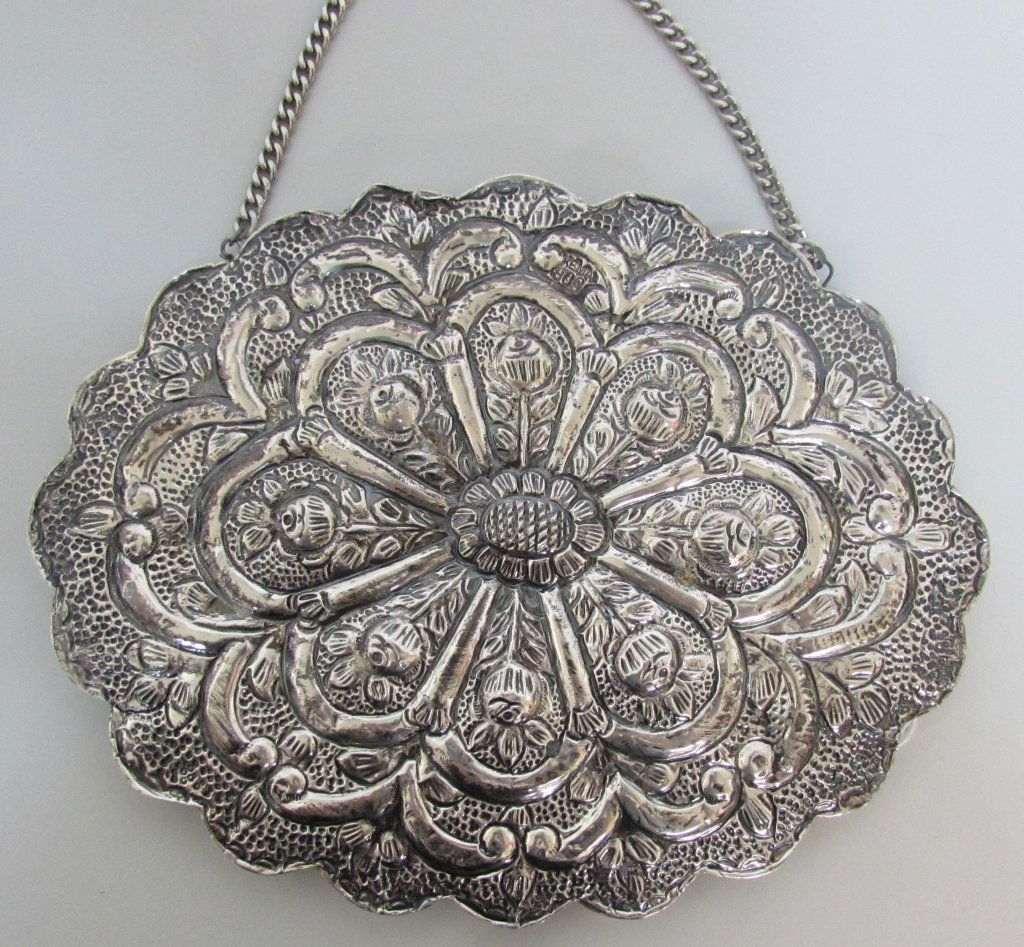 TURKISH MIRROR 900 STERLING SILVER HANGING WALL ANTIQUE: FABULOUS OTTOMAN REPOUSSE MEASURES 8" X 6" VINTAGE ESTATE, SOME DINGS. Design Tugra Tughra