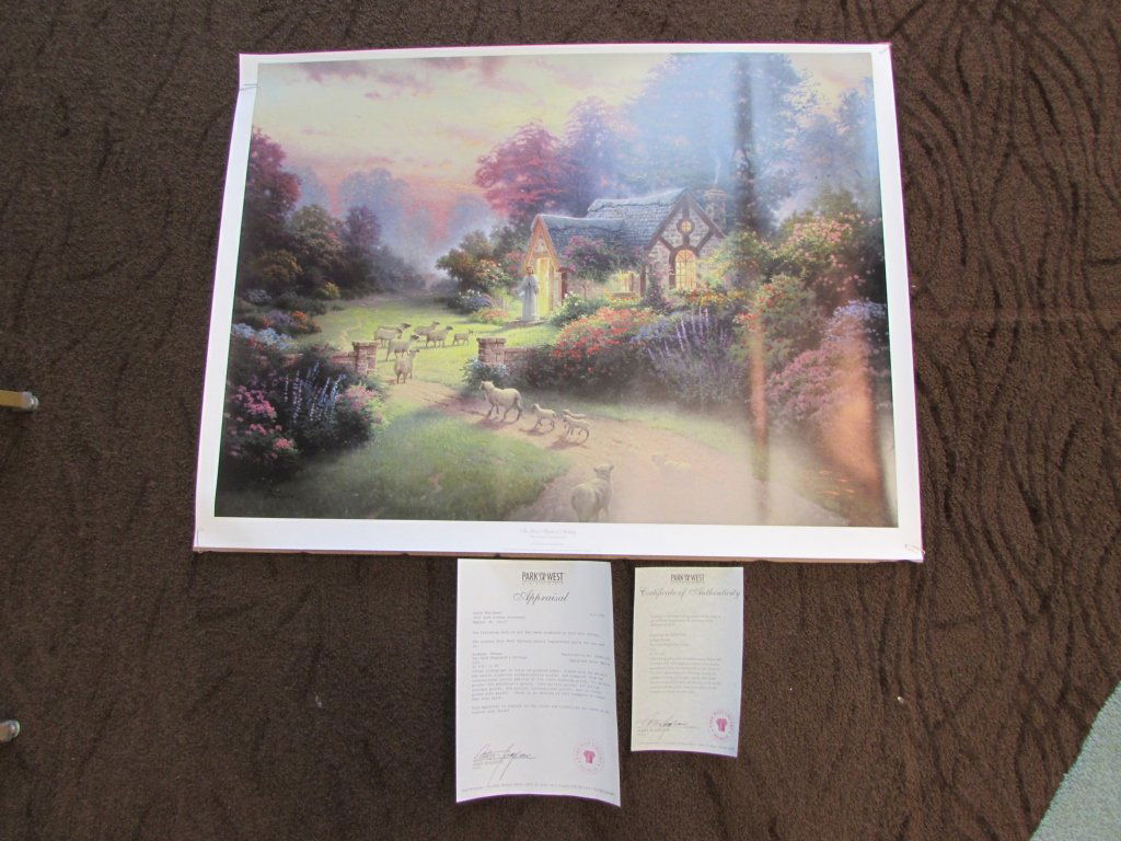 THOMAS KINKADE THE SHEPHERDS COTTAGE: 302.2 KINKADE OFFSET LITHOGRAPH ON PREMIUM PAPER. SIGNED w/ ARTIST'S DNA MATRIX SIGNATURE AUTHENTICATION SYSTEM, & NUMBERED. INCLUDES COA & APPRAISAL. APPRAISED AT $810.