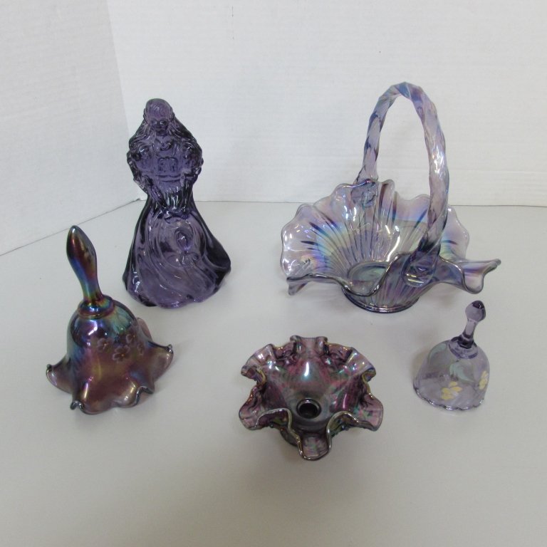 FENTON PURPLE CARNIVAL GLASS BASKET BELLS: 5 PIECES. SMALL RUFFLED EDGE DISH 2" X 5", BASKET DISH 10" X 9", LARGE BELL 7", SMALL BELL 5" (BOTH BELLS HAND PAINTED), LADY FIGURINE 9"