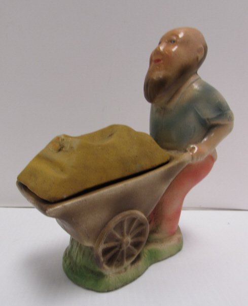 WHEELBARROW MAN EROTIC CHALKWARE STATUE: 268.31 ANTIQUE WHEEL CART MAN EROTICA CHALK WARE FIGURINE. CART LOAD LIFTS OFF TO REVEAL A BIG SURPRIZE. 7.75" TALL x 7" LONG x 3" WIDE.