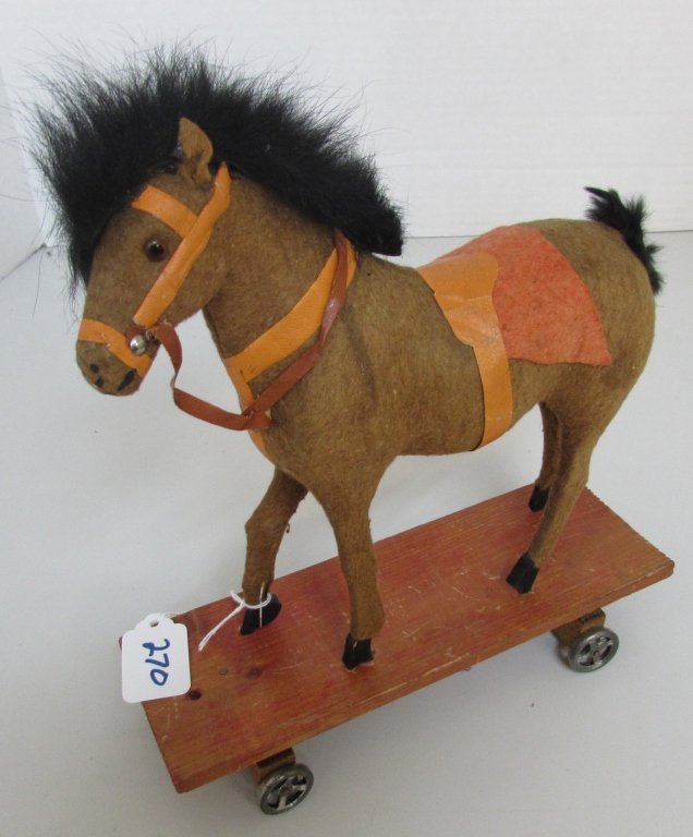 MOHAIR HORSE WOOD PULL TOY GERMAN STEIFF STYLE: 268.23 WITH HAIR MANE. MARKED "MADE IN GERMANY. 9 1/2" LONG BY 11 1/2"TALL.