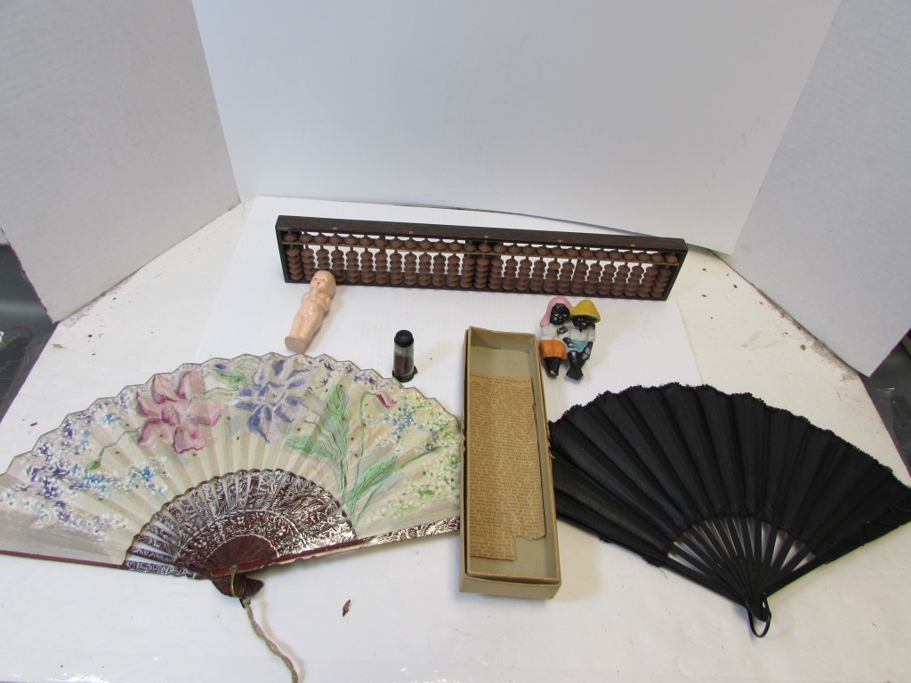 2 HAND FANS ANTIQUE BLACK PORCELAIN DOLLS ABACUS: 224.17 JAPANESE WOOD SOROBAN, PORCELAIN FIGURINE, CELLULOSE DOLL, 2 HAND FANS, SPY SCOPE.