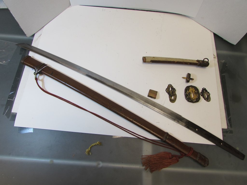 RARE ANTIQUE 18TH CENTURY SAMURAI SWORD KATANA: 27.5" HAND FORGED BLADE, 37" OVERALL. SIGNED ON TANG. HAS SOME CHIPS IN BLADE EDGE FROM USE. 18th CENTURY. STINGRAY BELLY SKIN GRIP.