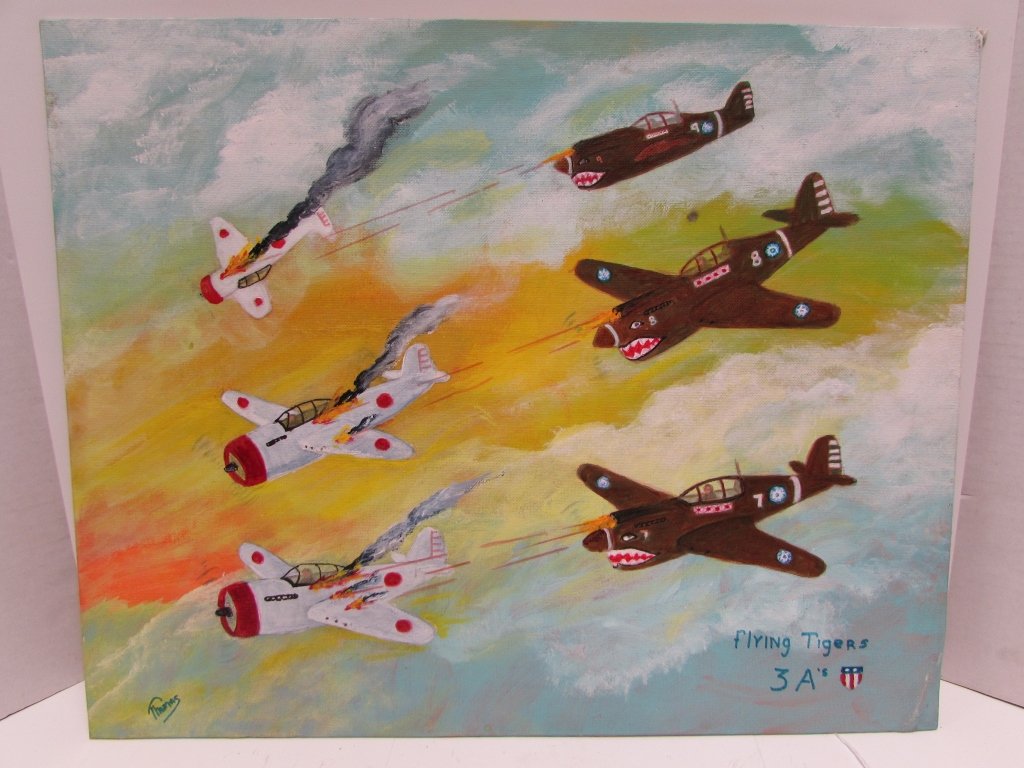 FLYING TIGERS PLANE OIL PAINTING ART SIGNED THOMAS: 310.3 "THOMAS" SIGNATURE APPEARS ON BOTTOM LEFT CORNER OF THIS OIL ON CANVAS. THE 3 A's TAKING DOWN JAPANESE FIGHTER PILOTS, WWII. 20" WIDE x 16" TALL.