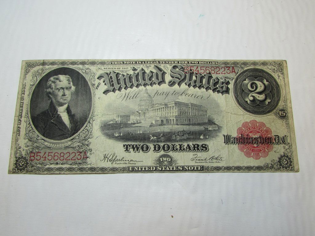 1917 US $2 PAPER NOTE RED SEAL SPEELMAN-WHITE: TWO DOLLAR BILL PAPER NOTE SPEELMAN - WHITE DATED 1917