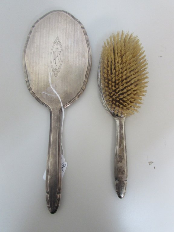 STERLING SILVER BRUSH & HAND MIRROR .925: ANTIQUE MONOGRAMMED MIRROR MEASURES 13" BRUSH MEASURES 10"