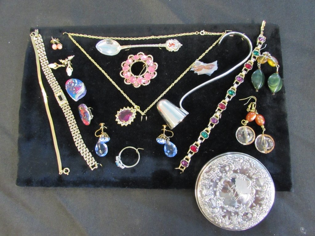 TOWLE STERLING SILVER MIRROR +16PC COSTUME JEWELRY: 136.140. SIX PAIR OF EARRINGS, 3 BRACELETS, 1 NECKLACE,1 RING, 1 RHINESTONE BROOCH, 1 GERMAN SIVER SPOON, 1 CANDLE SNUFFER 2 LOOSE STONE