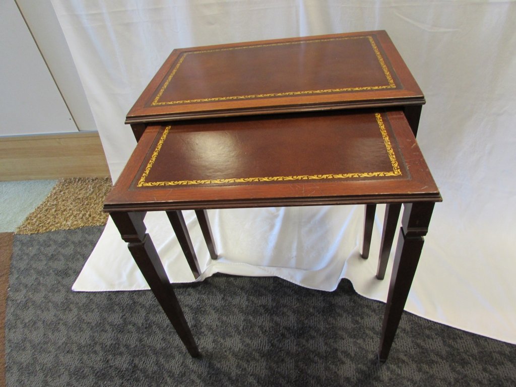 LEATHER TOP STACK TABLES NESTING ANTIQUE: 2 TABLES. LARGE TABLE 24" TALL, 24" LONG, 17" WIDE.