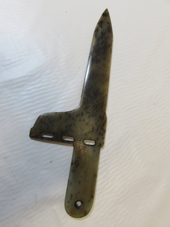 CHINESE HALBERD SOLID JADE CEREMONIAL ZHOU DYNASTY: ARCHAISTIC JADE STONE HAND CARVED CEREMONIAL SPEAR POINT HALBERD. "KING OF JADE GE (DAGGER-AXE)". 11 3/8" LONG x 3 11/16" WIDE.