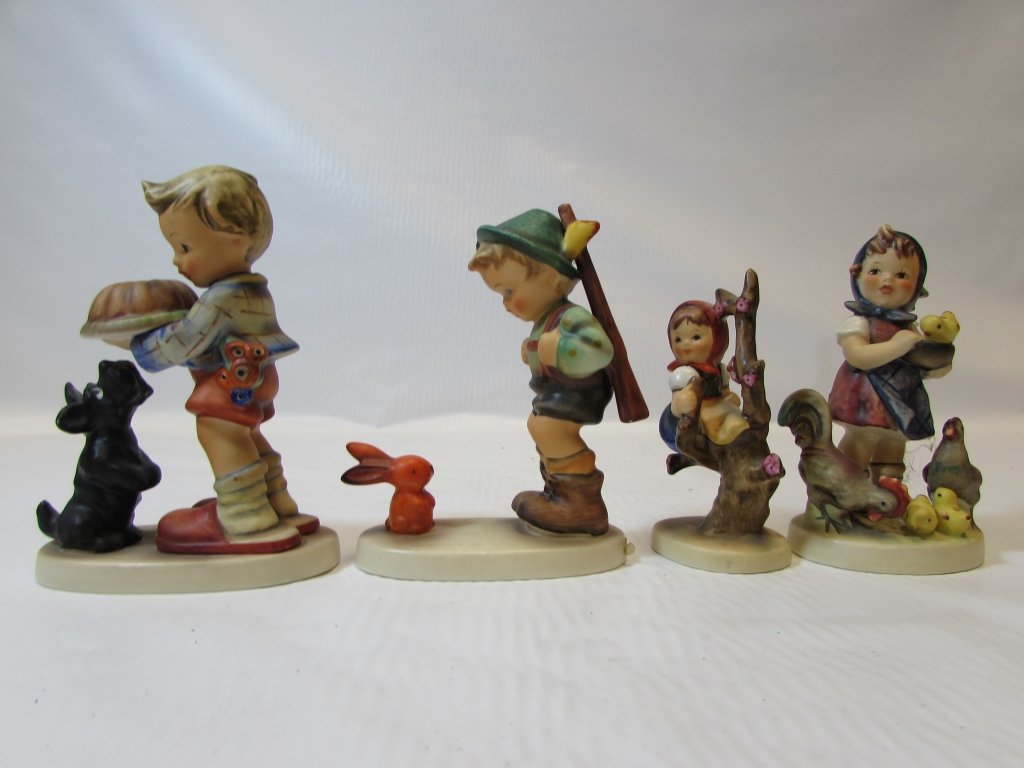 4 HUMMEL PORCELAIN FIGURINES CHILDREN GOEBEL: STATUES 9 BEGGING HIS SHARE, 141 APPLE TREE GIRL, 199 FEEDING TIM, 6/O SENSITIVE HUNTER. 4 pc. 4" - 5" TALL. NO CHIPS OR CRACKS.