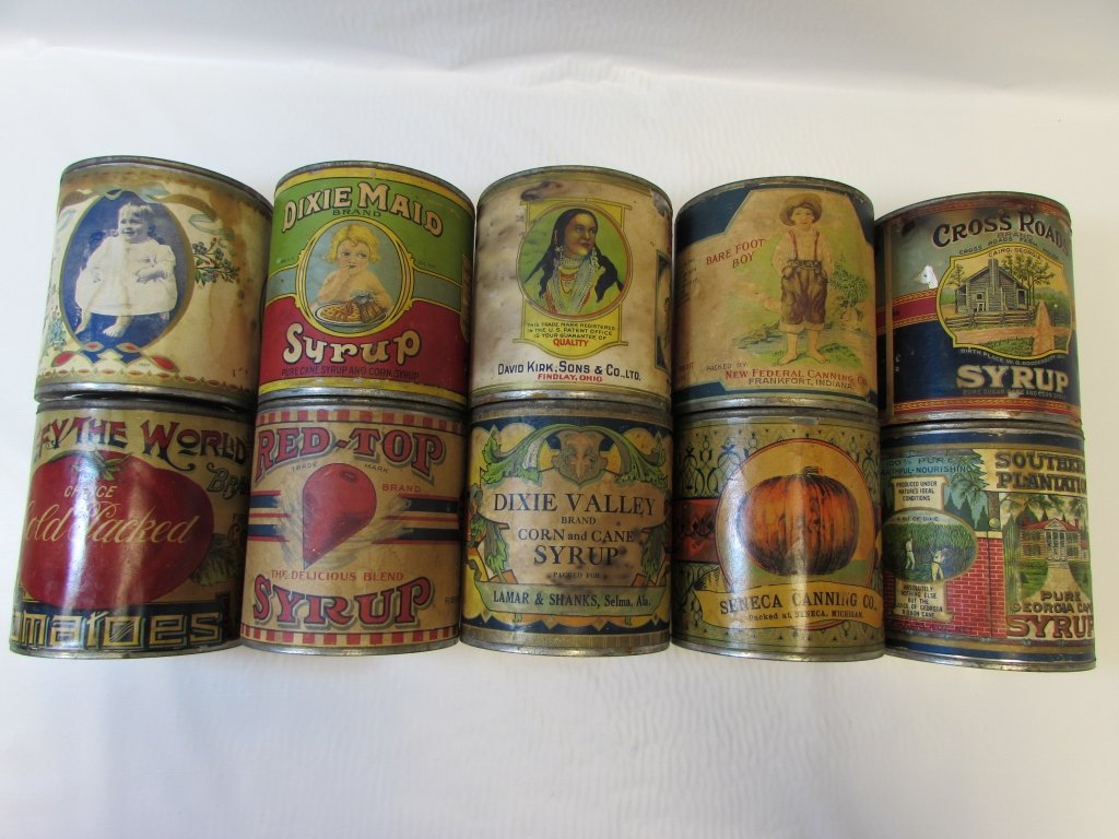 10 TIN CANS ANTIQUE w/ LABELS TOMATO SYRUP PUMPKIN: 317.1 TIN CANS & LABELS. VEGETABLES, SYRUP, ETC. EACH 4.5" TALL x 4" WIDE.